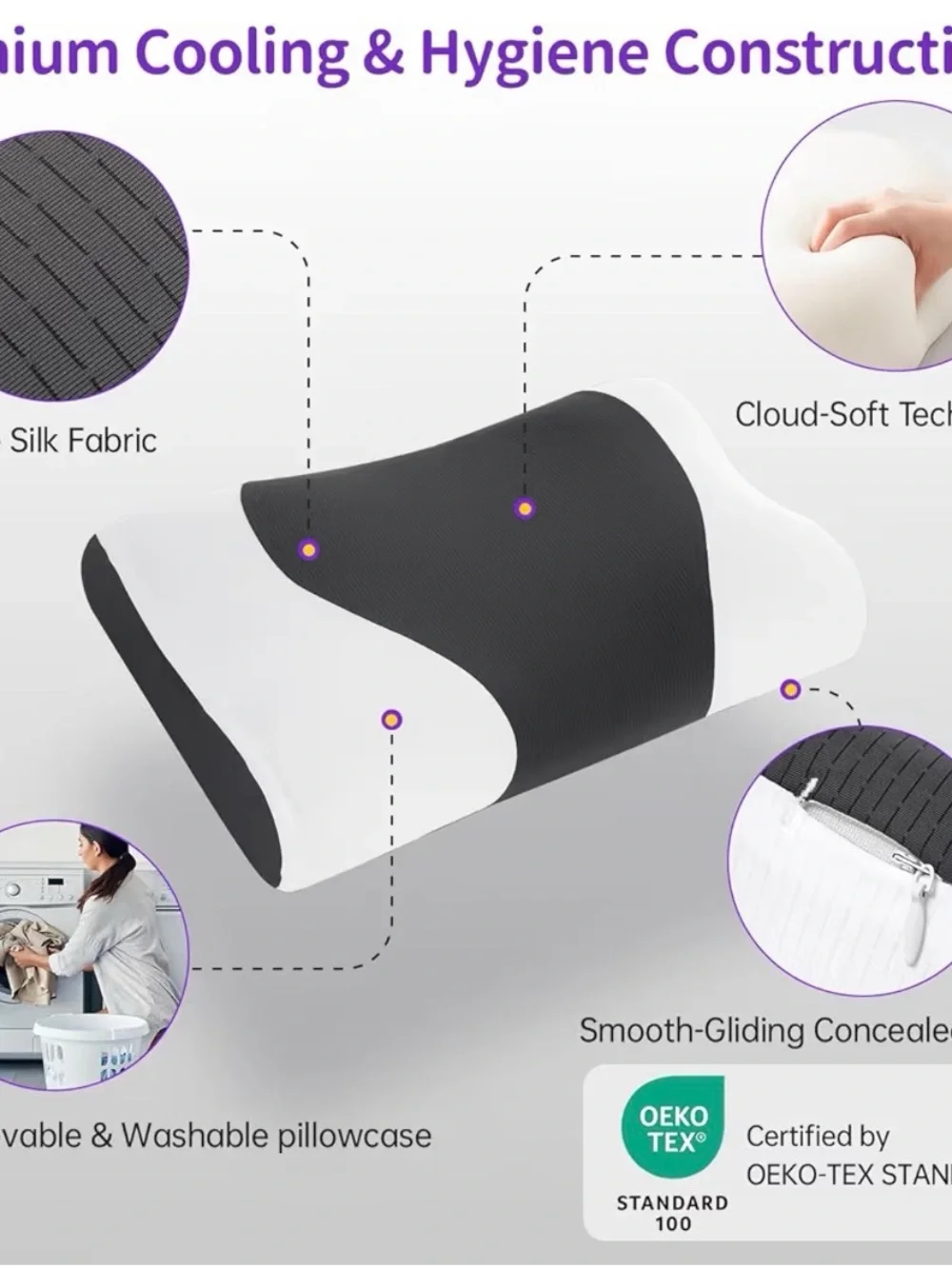 Contour Memory Foam Pillow in White and Charcoal - Ergonomic Neck Support